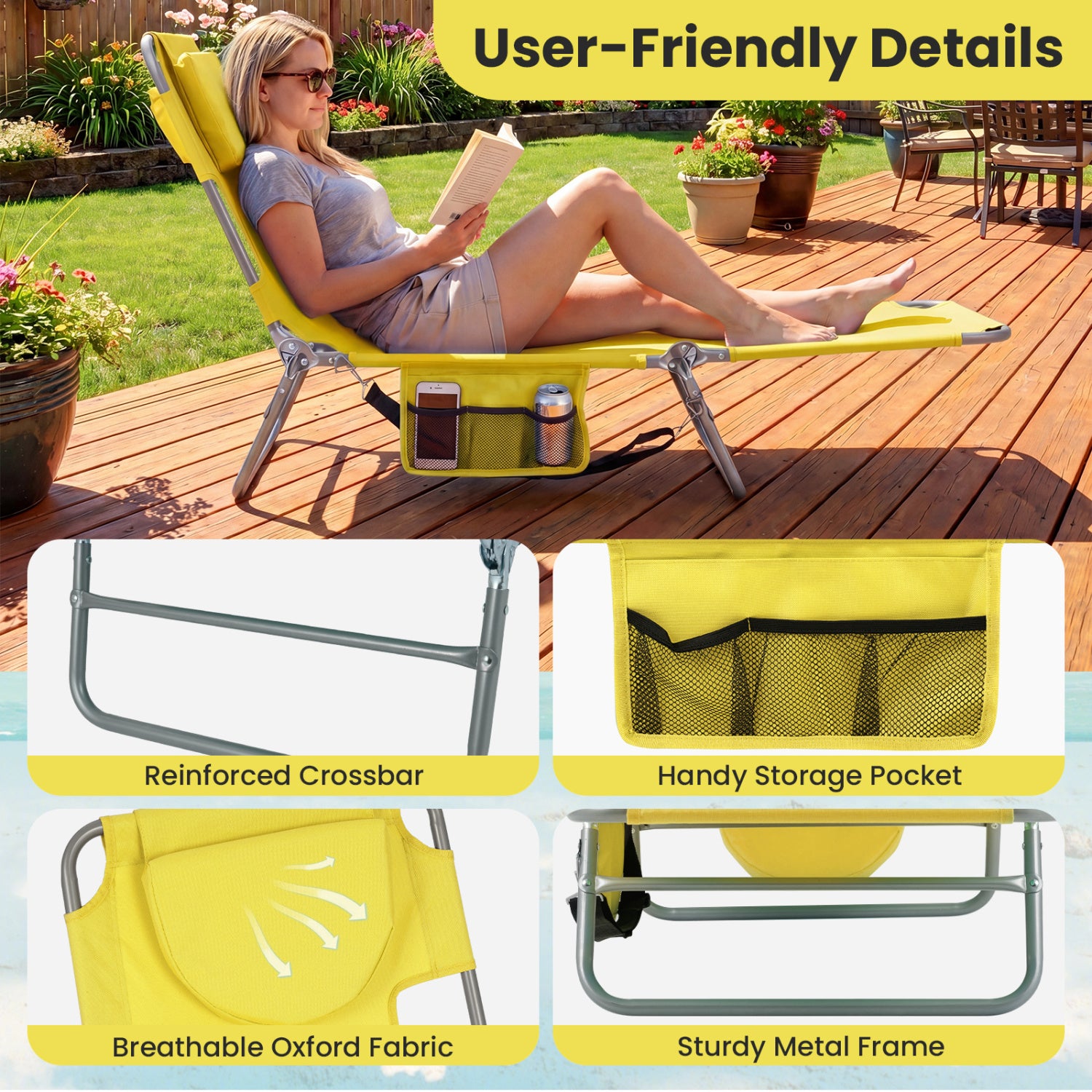 Folding Beach Lounge Chair, Adjustable Backrest, Yellow Beach & Lawn Chairs at Gallery Canada