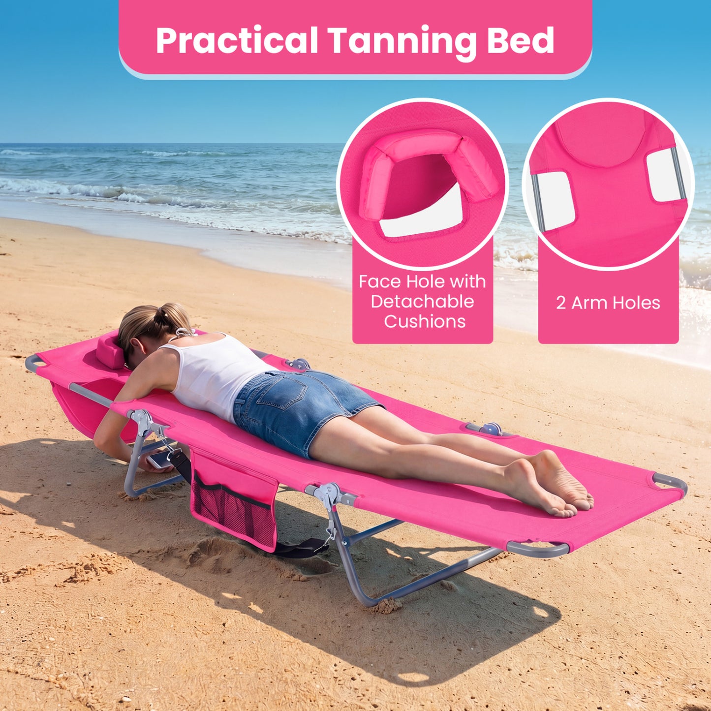 Folding Beach Lounge Chair, Adjustable Backrest, Pink Beach & Lawn Chairs at Gallery Canada