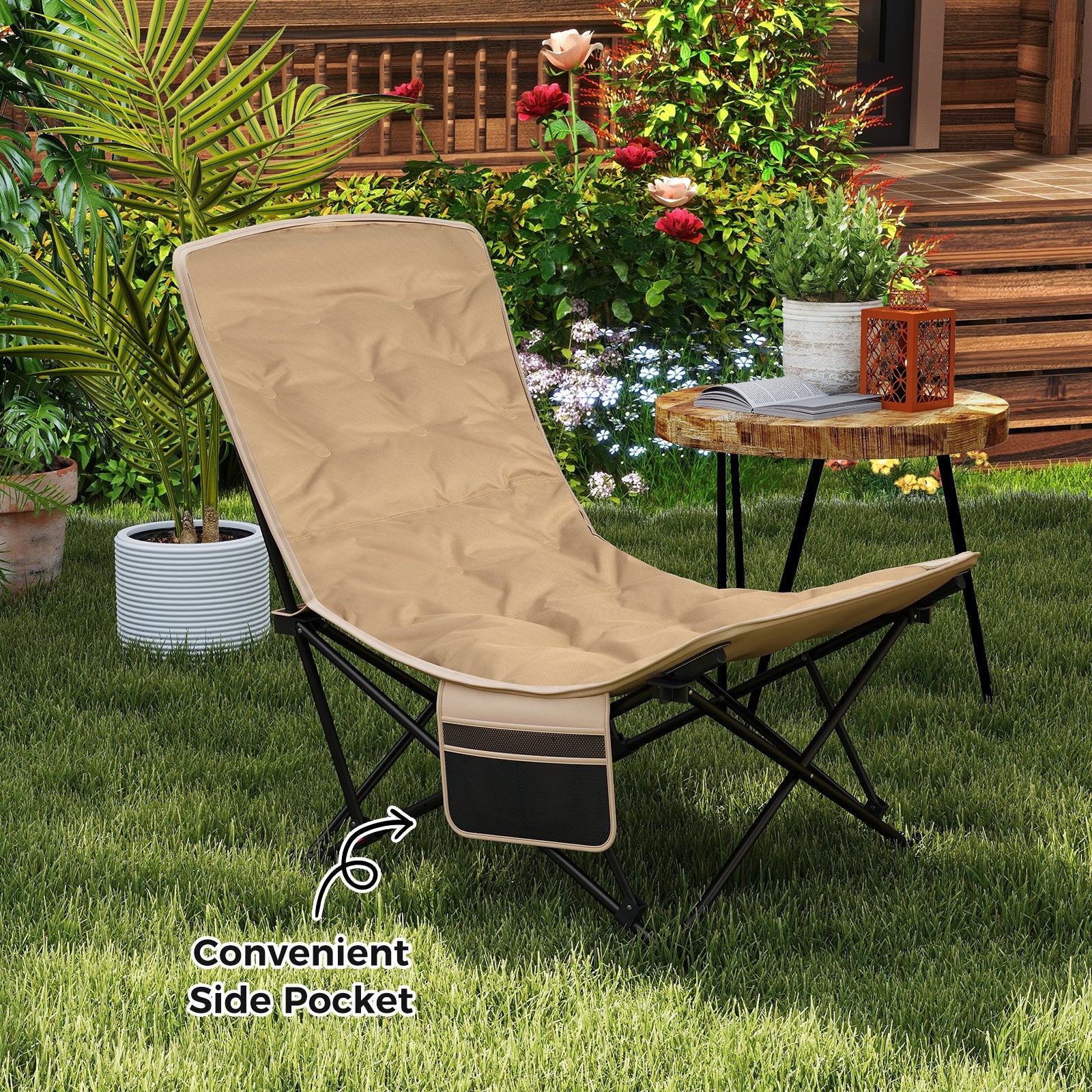 Folding Camping Chair for Adults with Adjustable Backrest and Carrying Bag, Khaki Camping Furniture at Gallery Canada