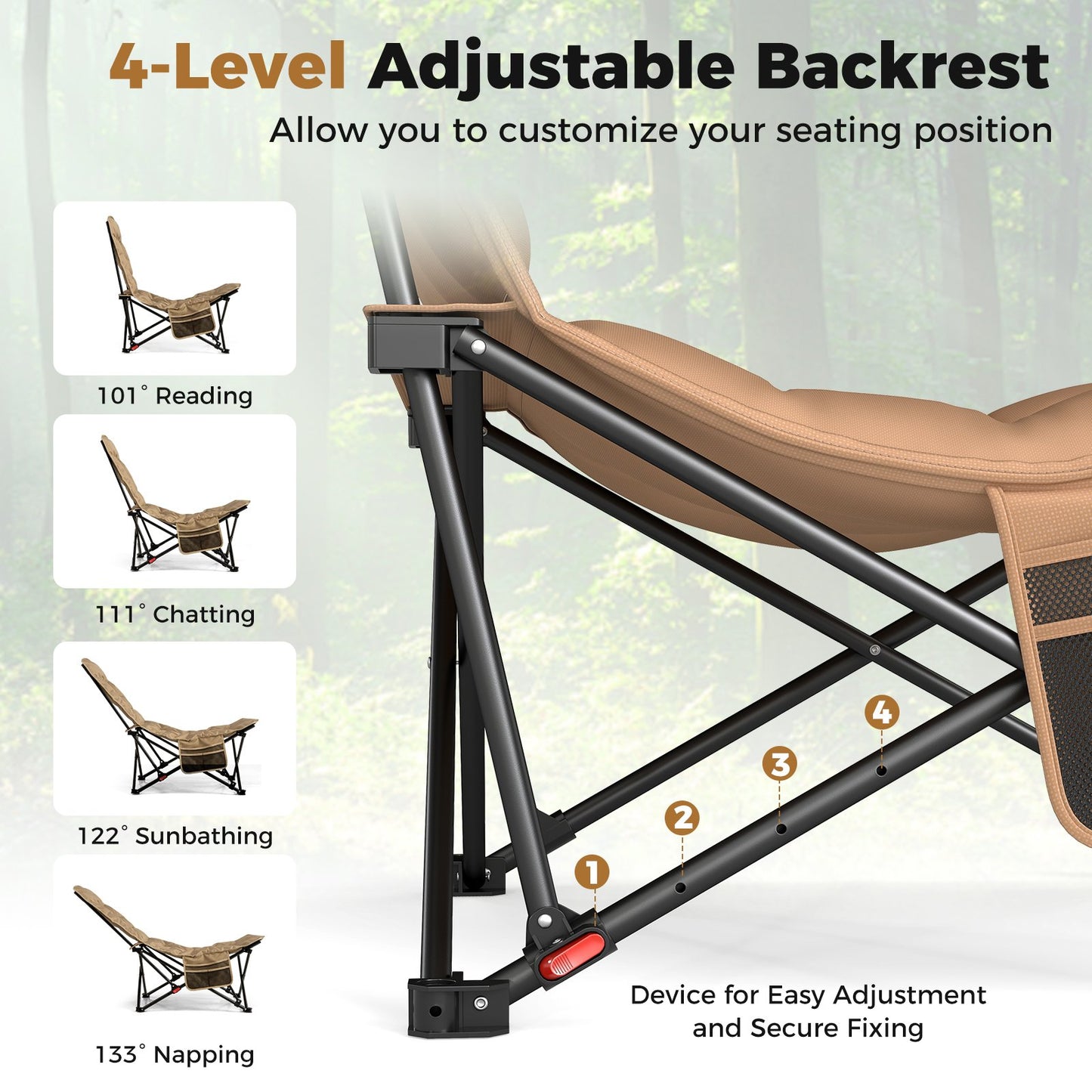 Folding Camping Chair for Adults with Adjustable Backrest and Carrying Bag, Khaki Camping Furniture at Gallery Canada