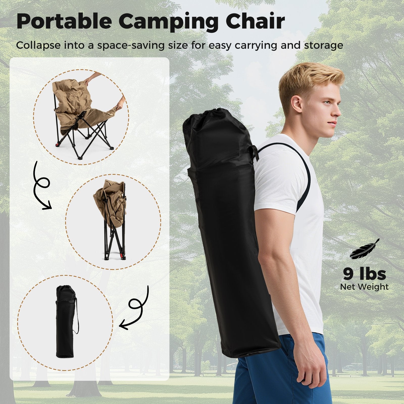 Folding Camping Chair for Adults with Adjustable Backrest and Carrying Bag, Khaki Camping Furniture at Gallery Canada