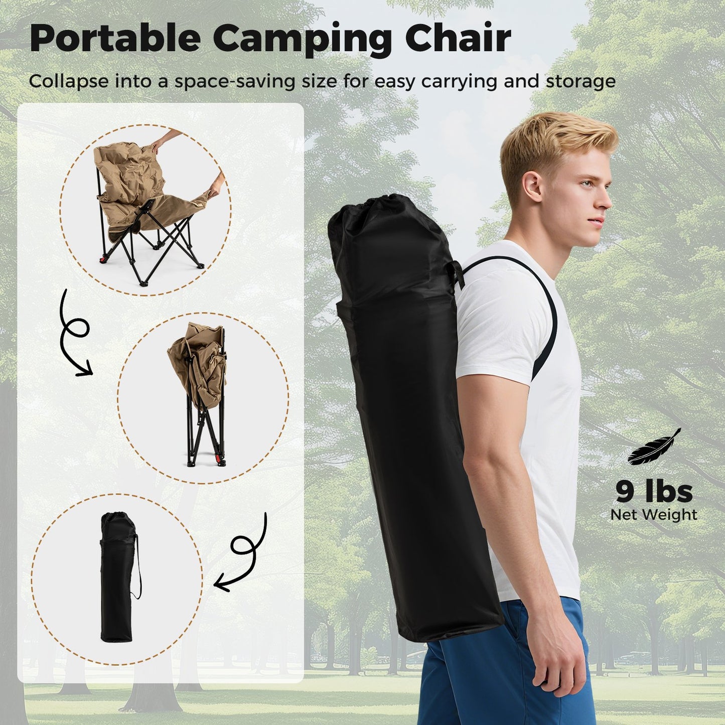 Folding Camping Chair for Adults with Adjustable Backrest and Carrying Bag, Khaki Camping Furniture at Gallery Canada