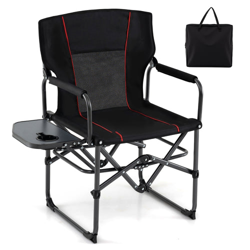 Folding Camping Chair With Side Table, Cup Holder, Black