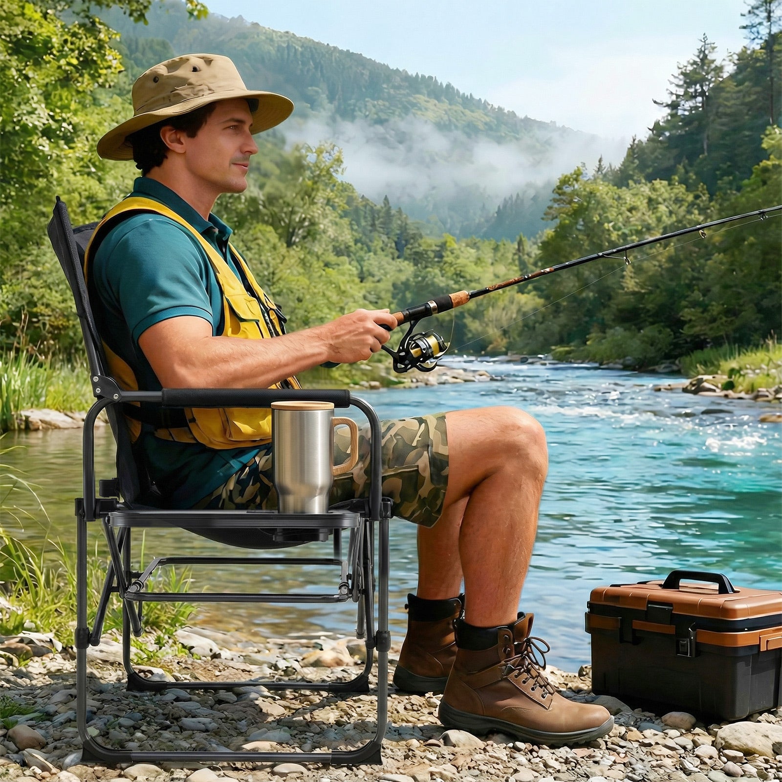 Folding Camping Chair With Side Table, Cup Holder, Black Camping Furniture at Gallery Canada