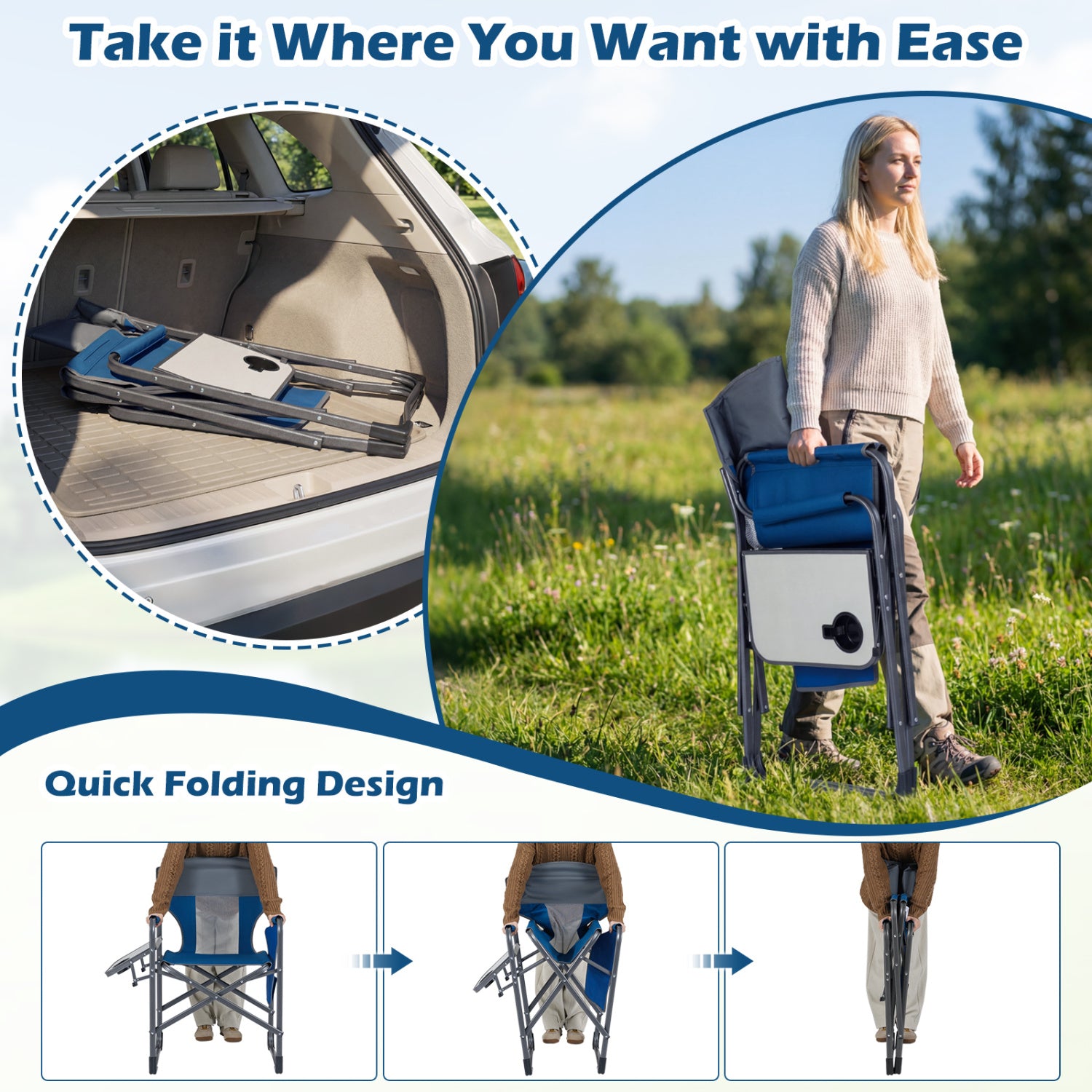 Folding Camping Chair With Cup Holder, Storage Pocket, Navy Camping Furniture at Gallery Canada