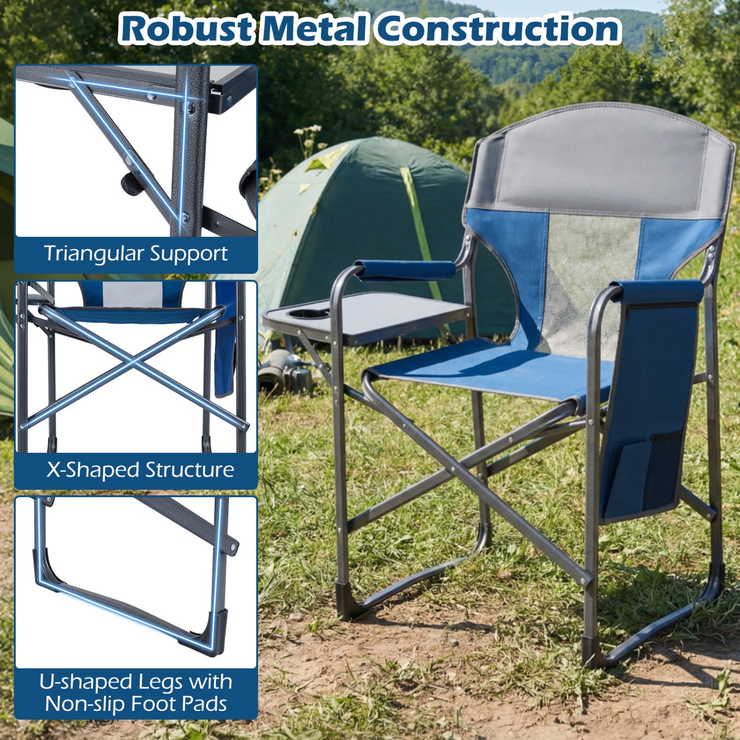 Folding Camping Chair With Cup Holder, Storage Pocket, Navy Camping Furniture at Gallery Canada
