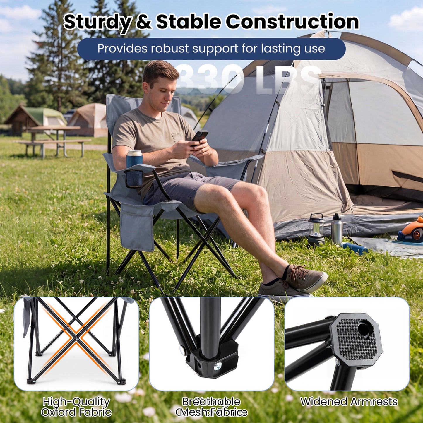 Folding Camping Chair with Mesh Back, Gray
