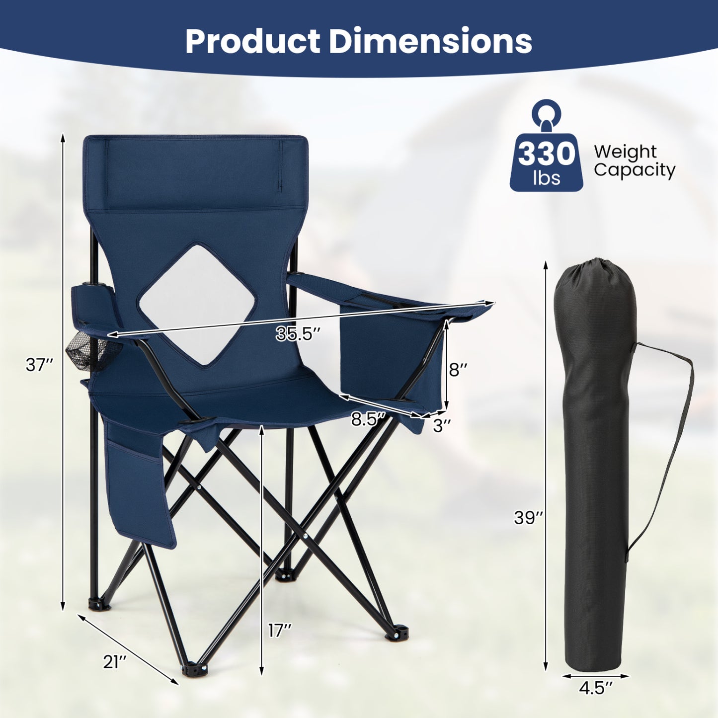 Folding Camping Chair, Mesh Backrest, Metal Frame, Bag, Blue