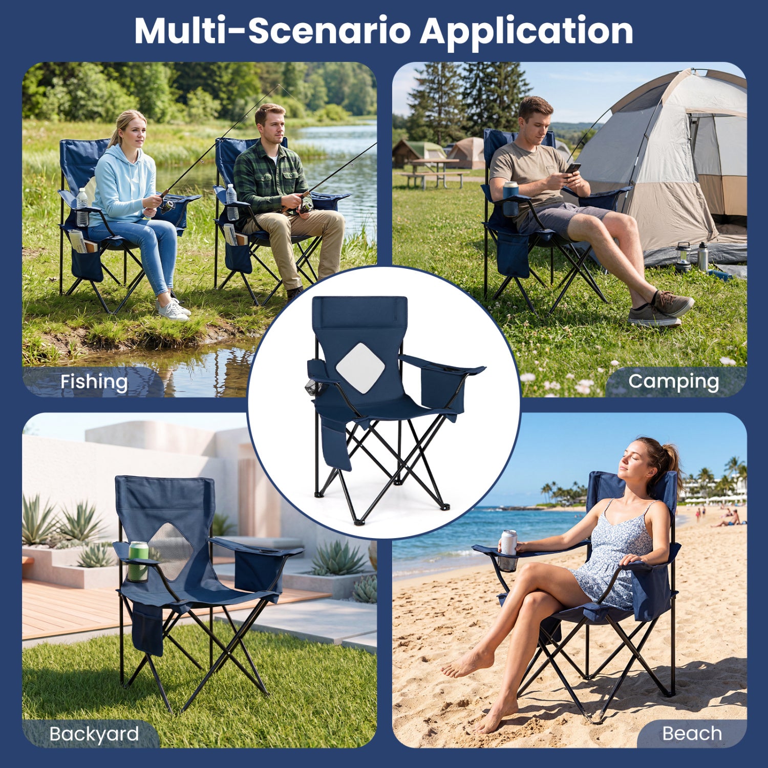 Folding Camping Chair, Mesh Backrest, Metal Frame, Bag, Blue Camping Furniture at Gallery Canada