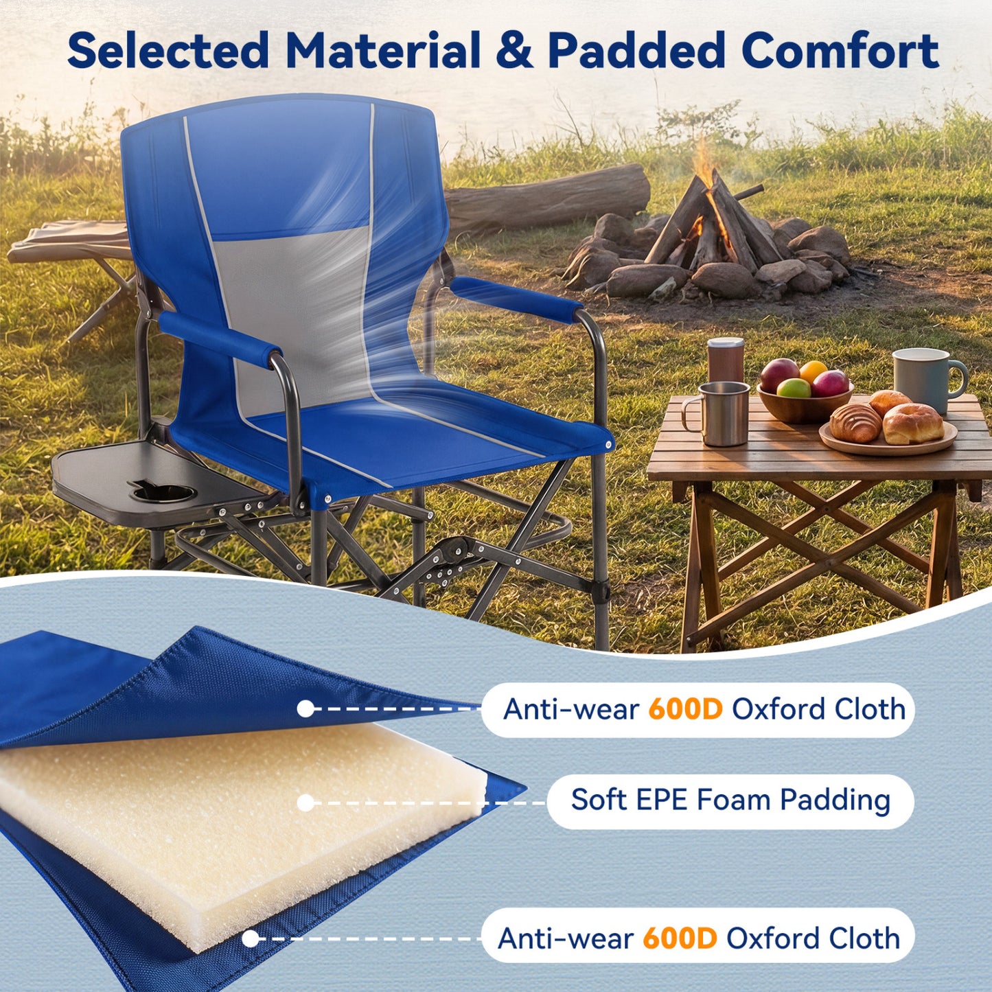 Folding Camping Chair with Side Table, Cup Holder, Navy