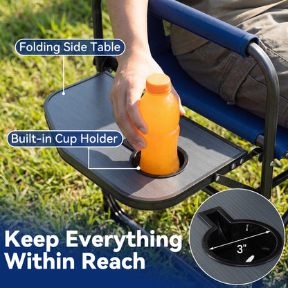 Folding Camping Chair with Side Table, Cup Holder, Navy