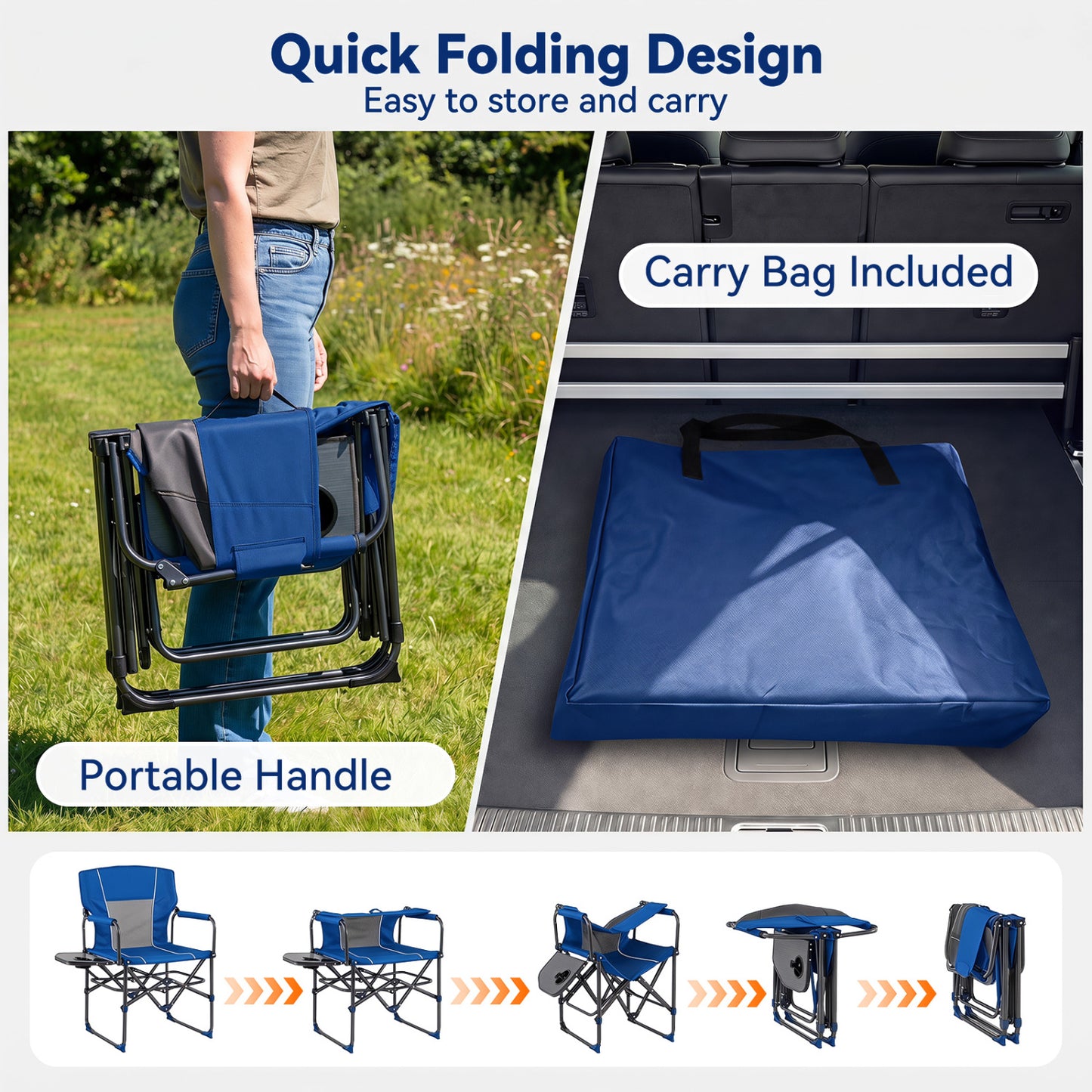 Folding Camping Chair with Side Table, Cup Holder, Navy