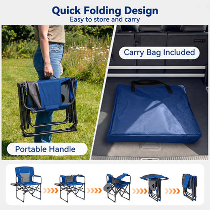 Folding Camping Chair with Side Table, Cup Holder, Navy