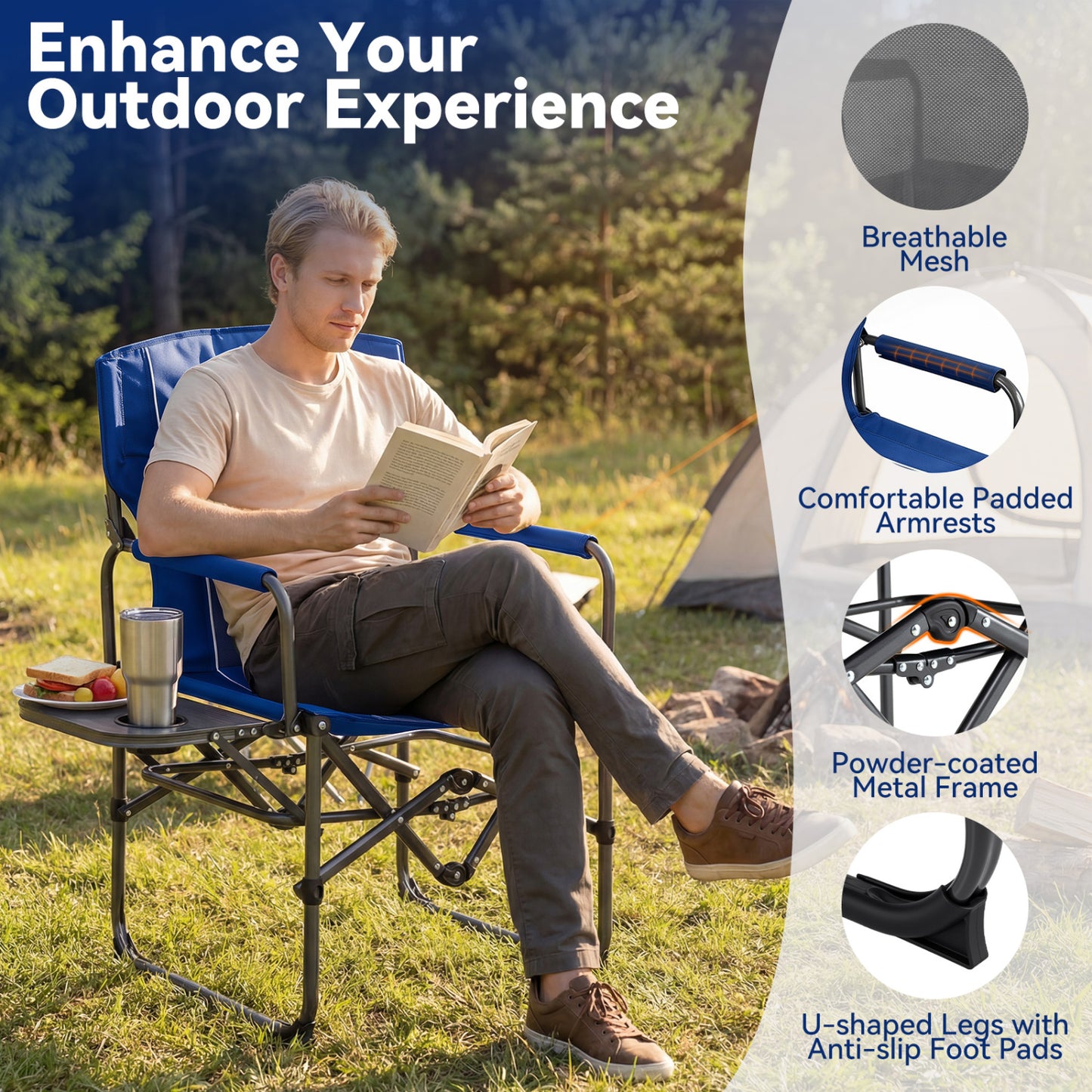 Folding Camping Chair with Side Table, Cup Holder, Navy