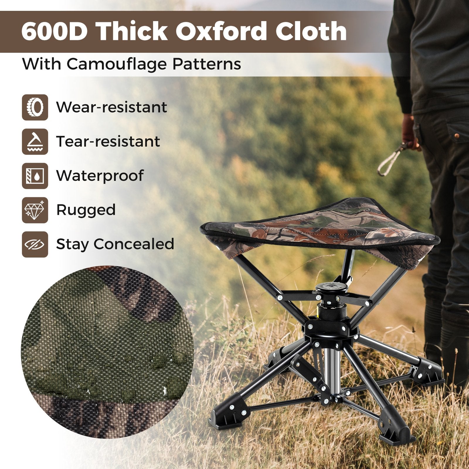 Folding Camping Stool 360° Swivel Hunting Chair with Anti-Sink Feet, Camouflage Camping at Gallery Canada