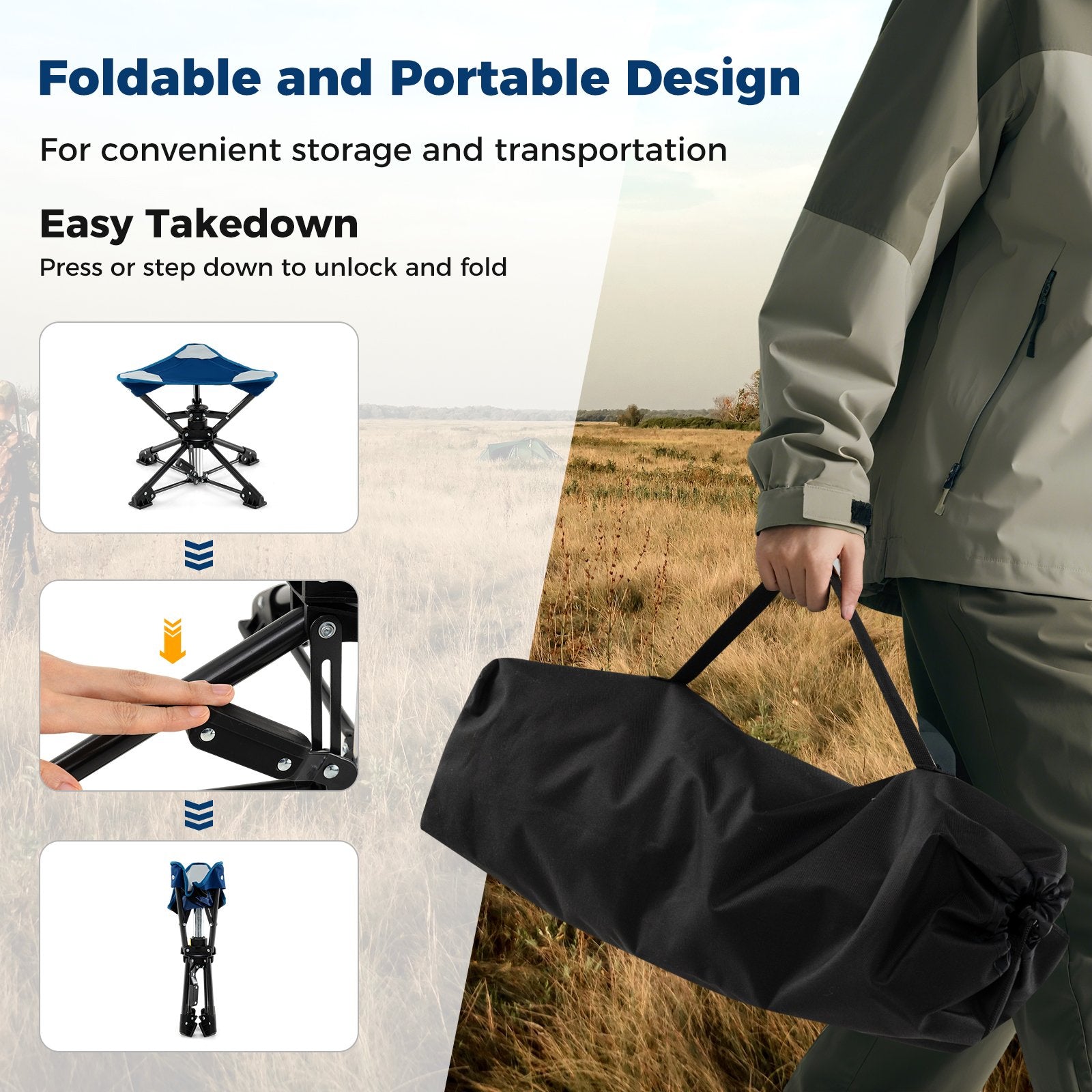 Folding Camping Stool 360° Swivel Hunting Chair with Anti-Sink Feet, Blue Camping at Gallery Canada