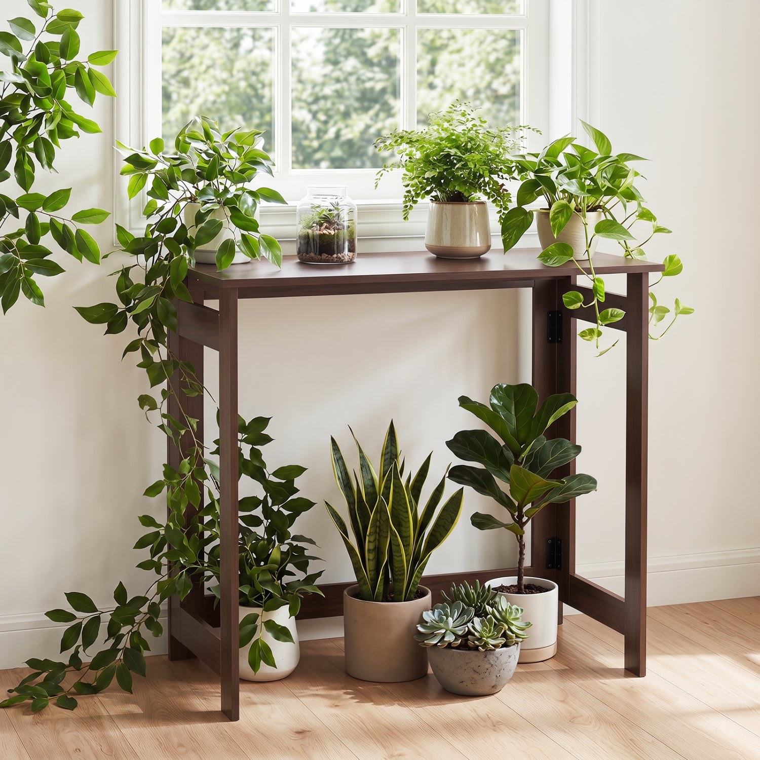 Folding Console Table with Foldable Legs, Brown Console Tables at Gallery Canada