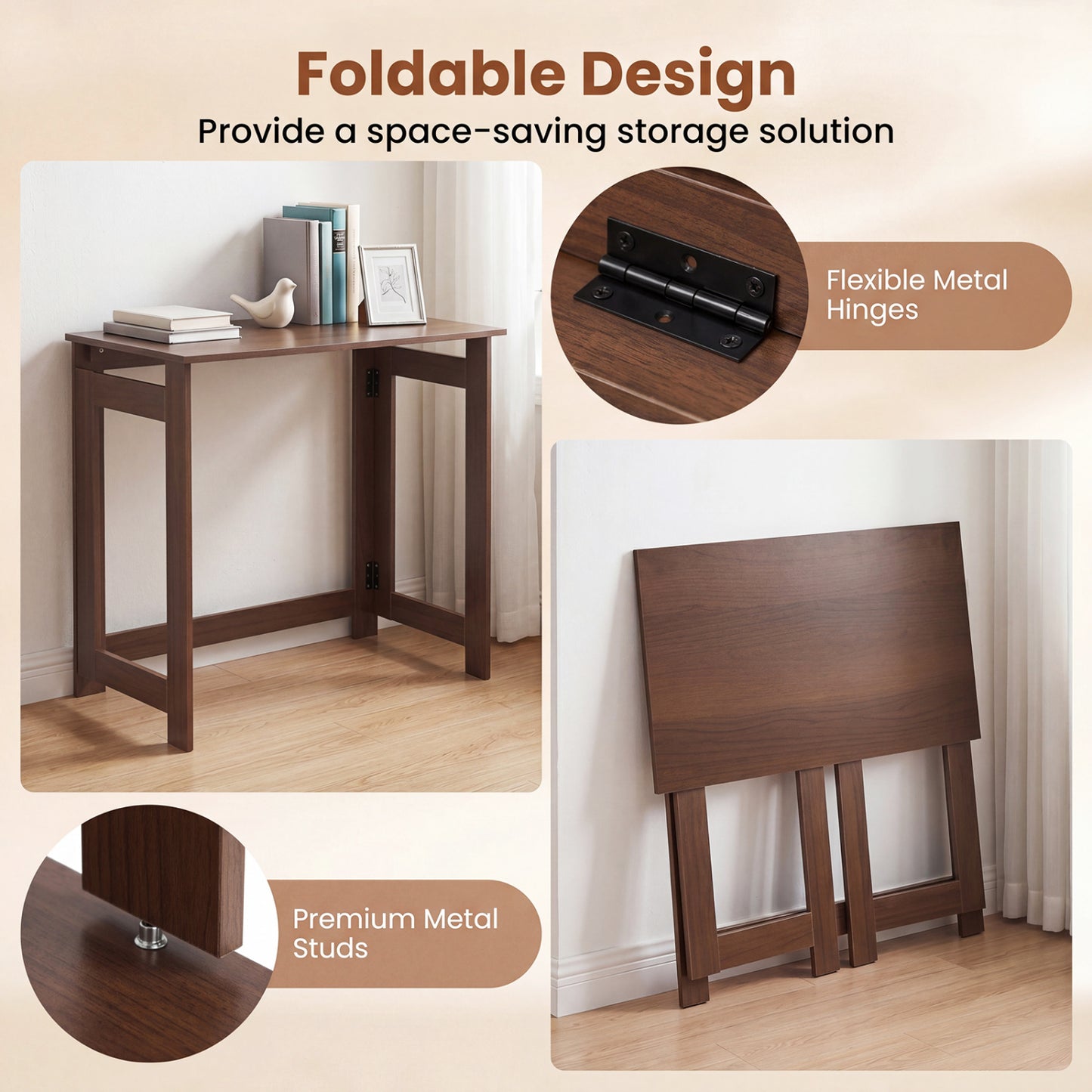 Folding Console Table with Foldable Legs, Brown Console Tables at Gallery Canada