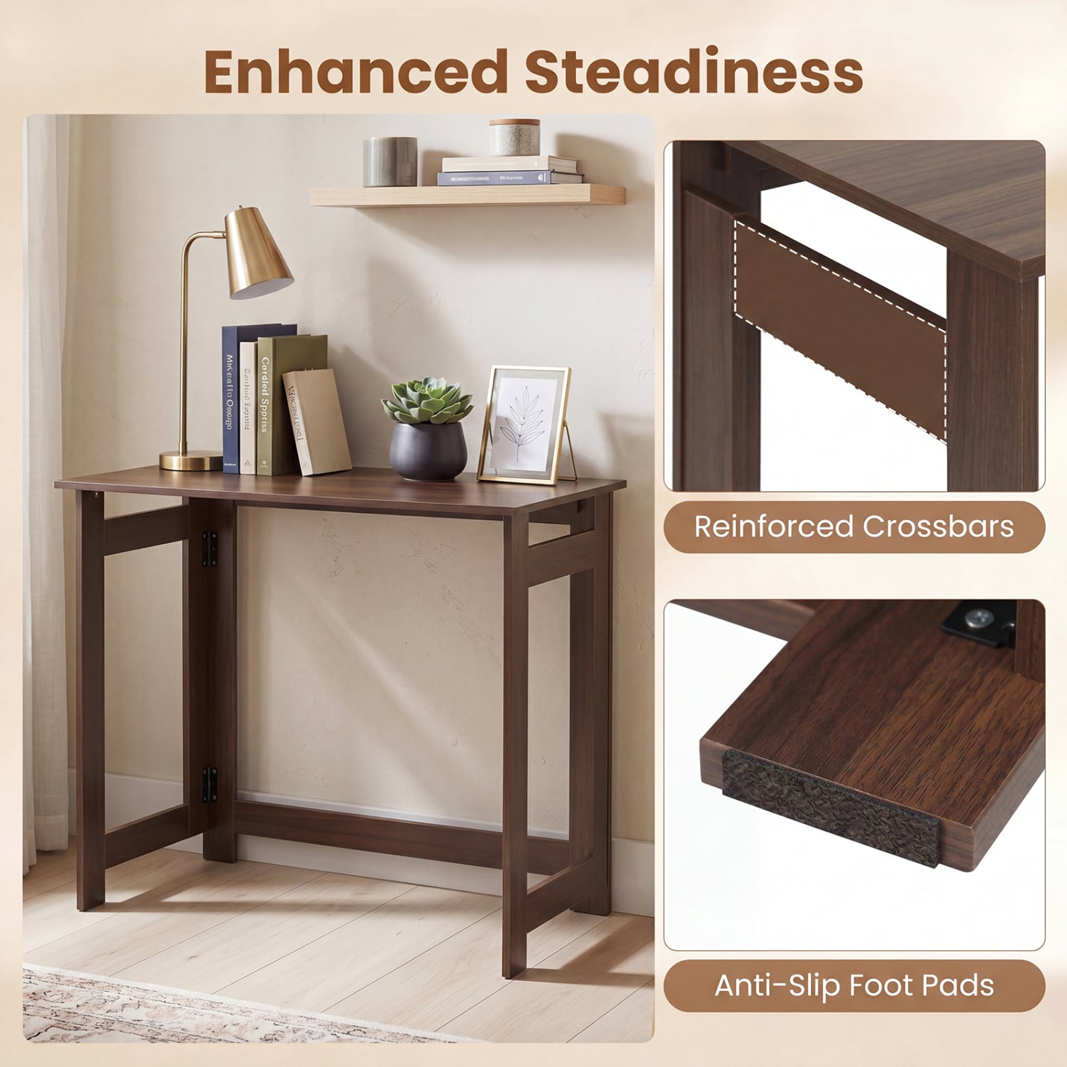 Folding Console Table with Foldable Legs, Brown Console Tables at Gallery Canada
