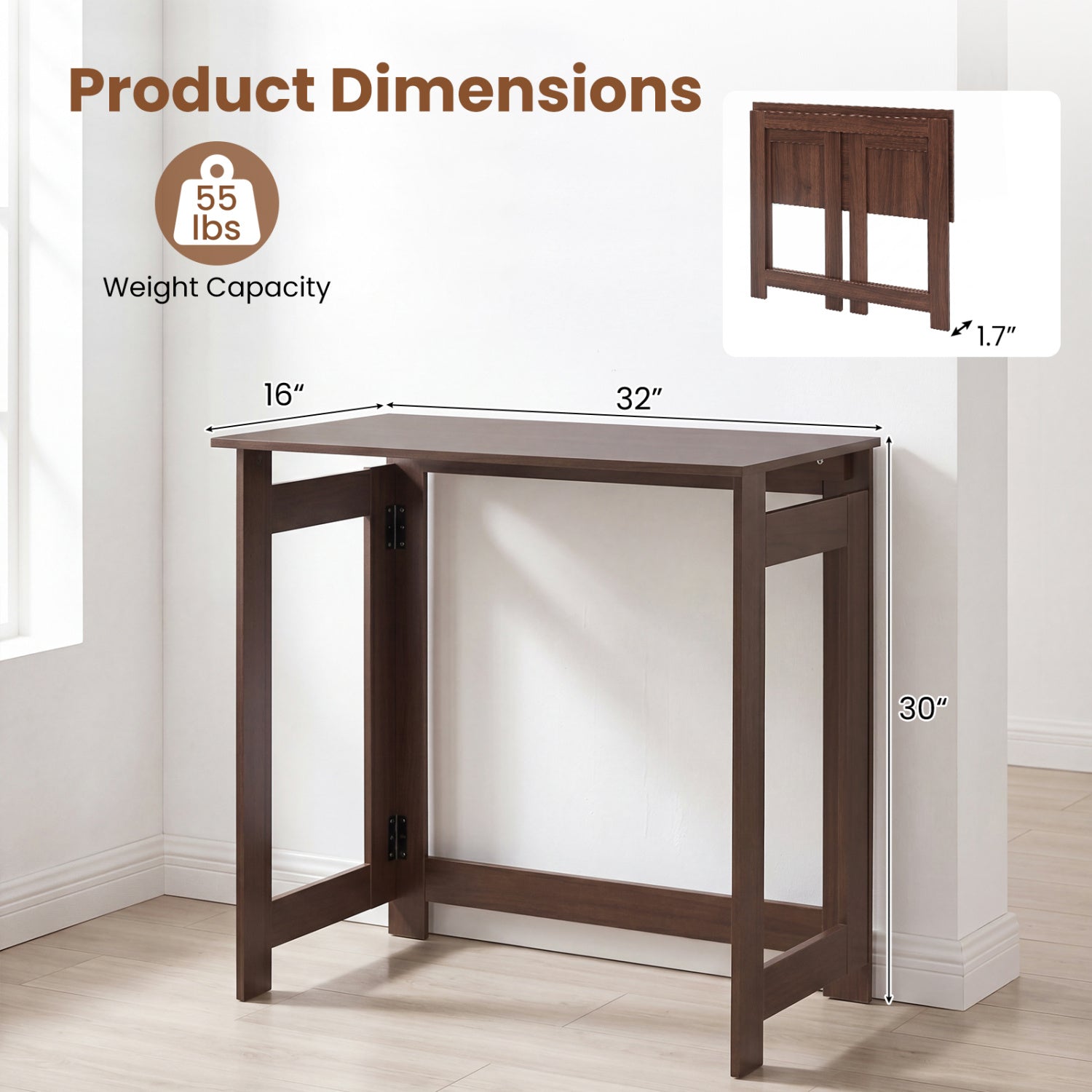 Folding Console Table with Foldable Legs, Brown Console Tables at Gallery Canada