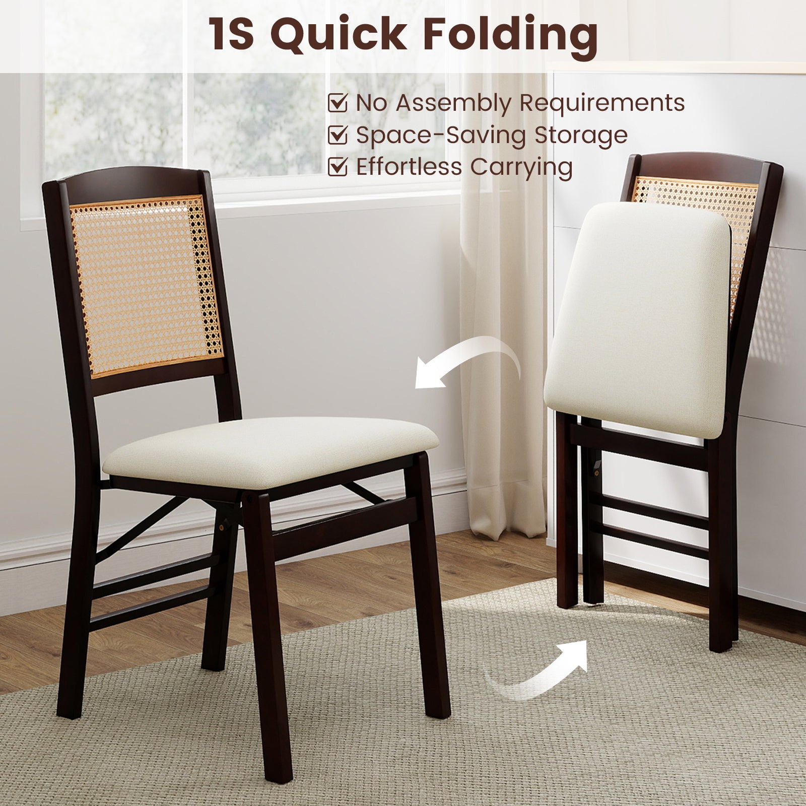 Folding Dining Chairs Set of 2 Rubber Wood Chairs with Linen Padded Seat, Coffee Dining Chairs at Gallery Canada