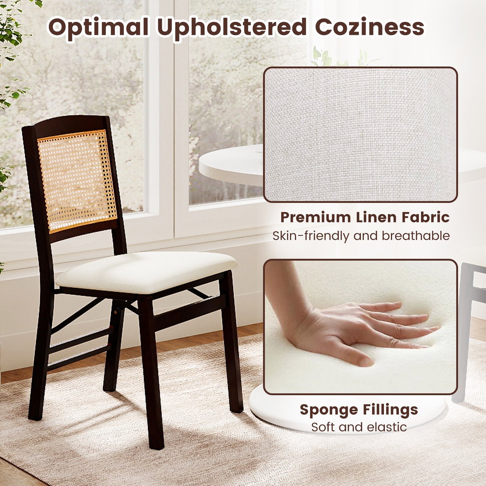 Folding Dining Chairs Set of 2 Rubber Wood Chairs with Linen Padded Seat, Coffee Dining Chairs at Gallery Canada