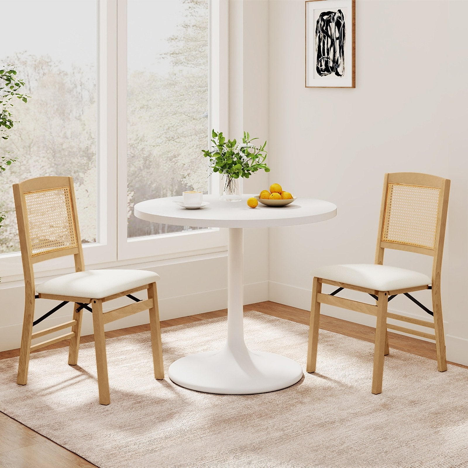 Folding Dining Chairs Set of 4 Rubber Wood Chairs with Linen Padded Seat, Natural Dining Chairs at Gallery Canada