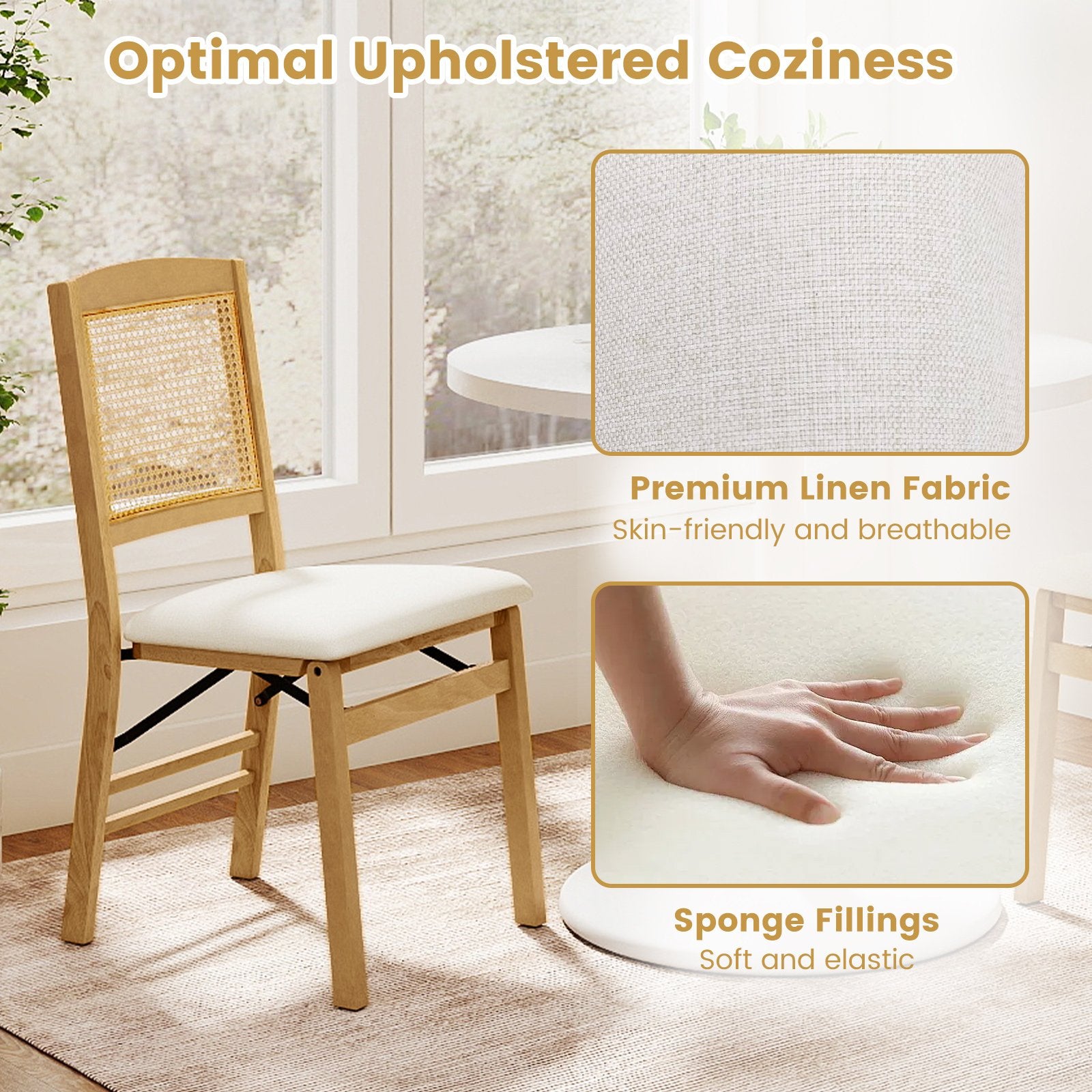 Folding Dining Chairs Set of 4 Rubber Wood Chairs with Linen Padded Seat, Natural Dining Chairs at Gallery Canada