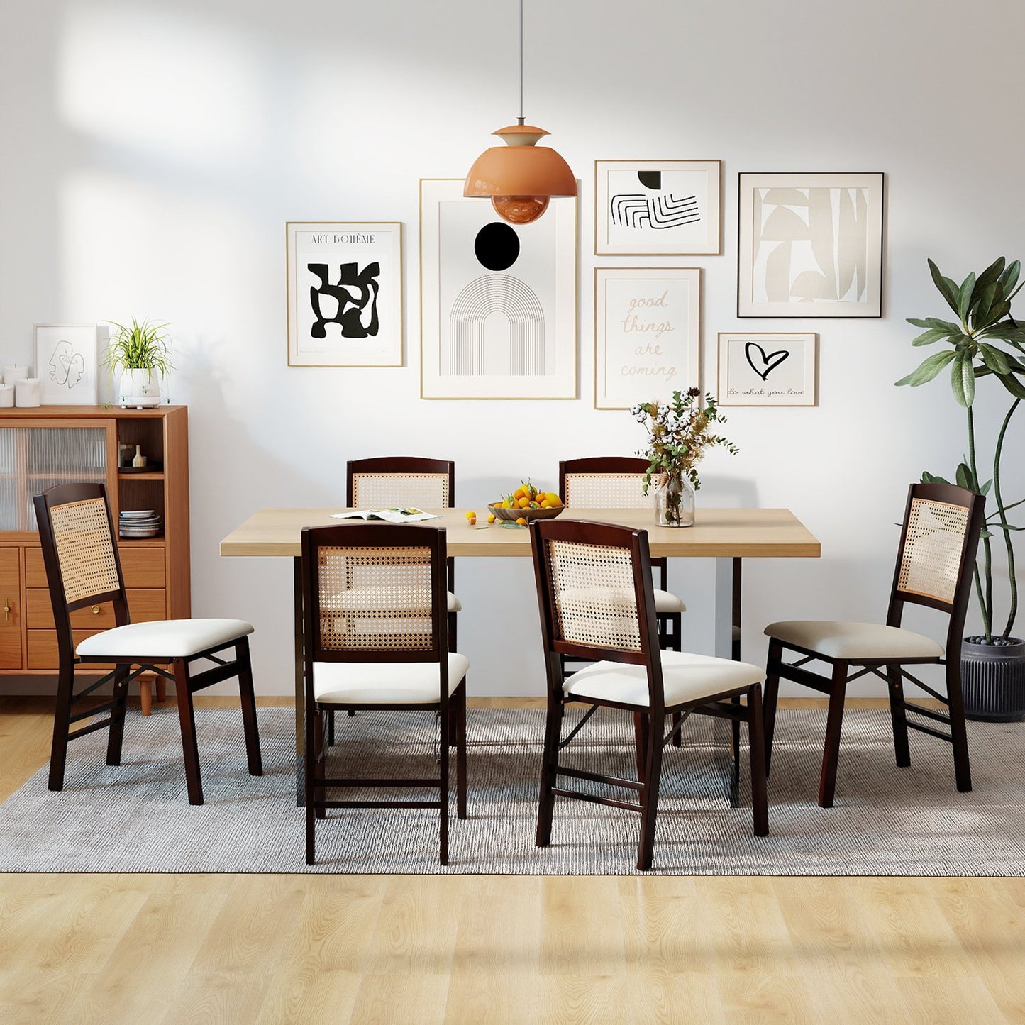 Folding Dining Chairs Set of 4 Rubber Wood Chairs with Linen Padded Seat, Coffee Dining Chairs at Gallery Canada