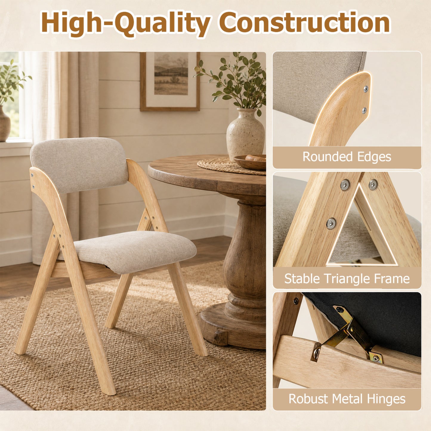 Ensemble de 2 chaises de salle à manger pliantes, Beige