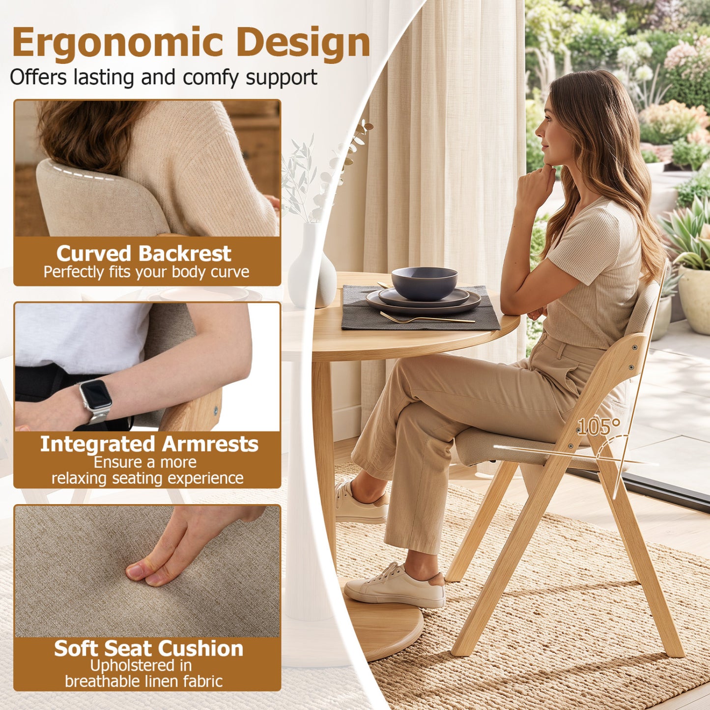Folding Dining Chairs Set of 4, Beige