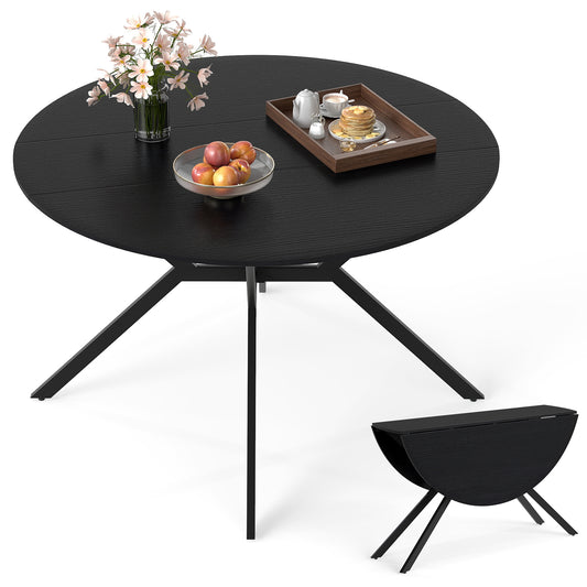 Folding Dining Table 47 Inch Extendable Round Kitchen Table with Drop Leaves, Black