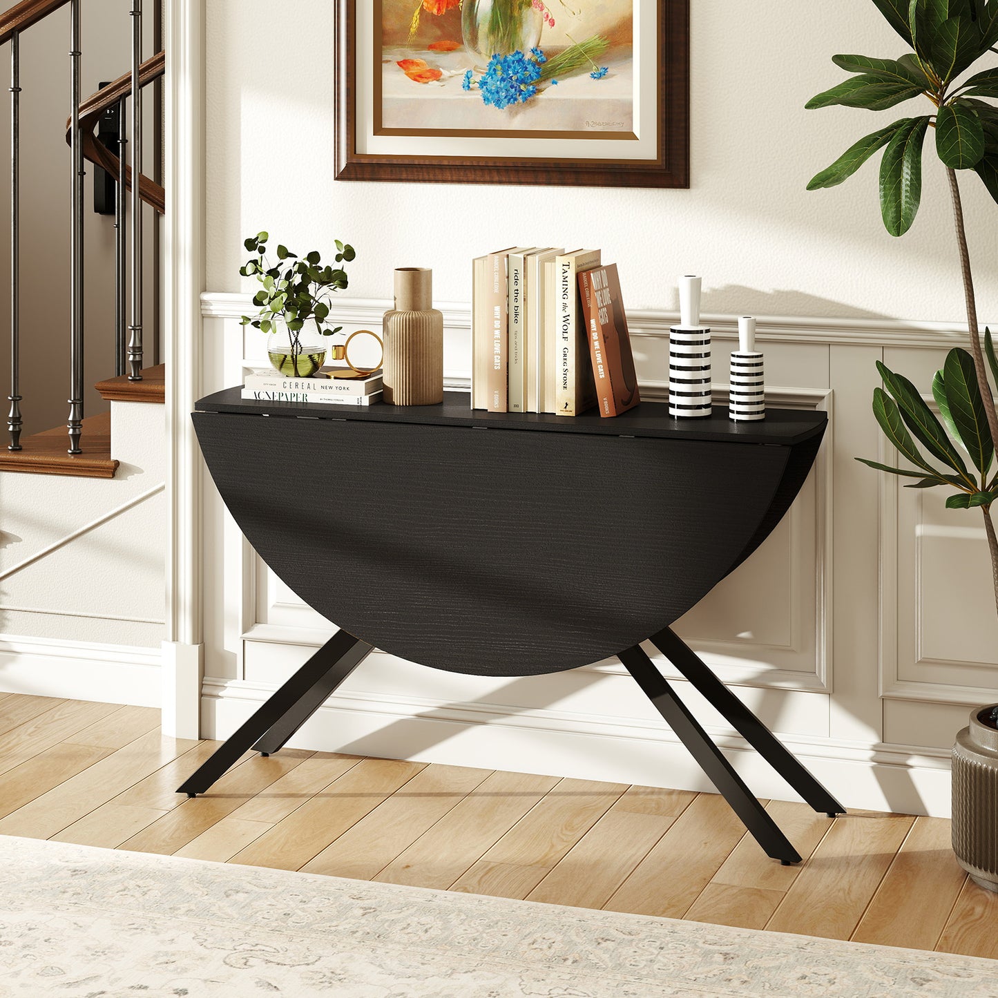 Folding Dining Table 47 Inch Extendable Round Kitchen Table with Drop Leaves, Black Dining Tables at Gallery Canada