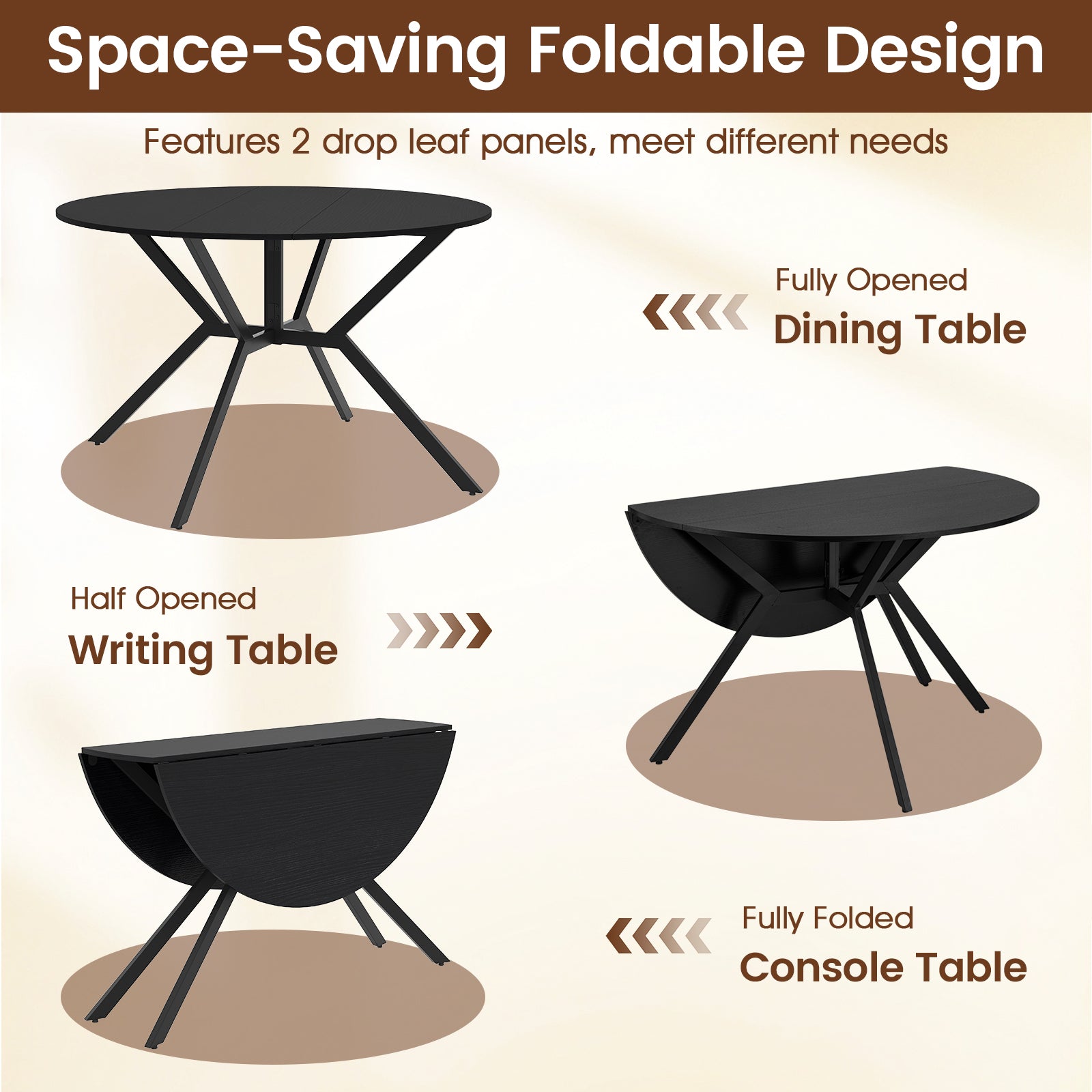 Folding Dining Table 47 Inch Extendable Round Kitchen Table with Drop Leaves, Black Dining Tables at Gallery Canada