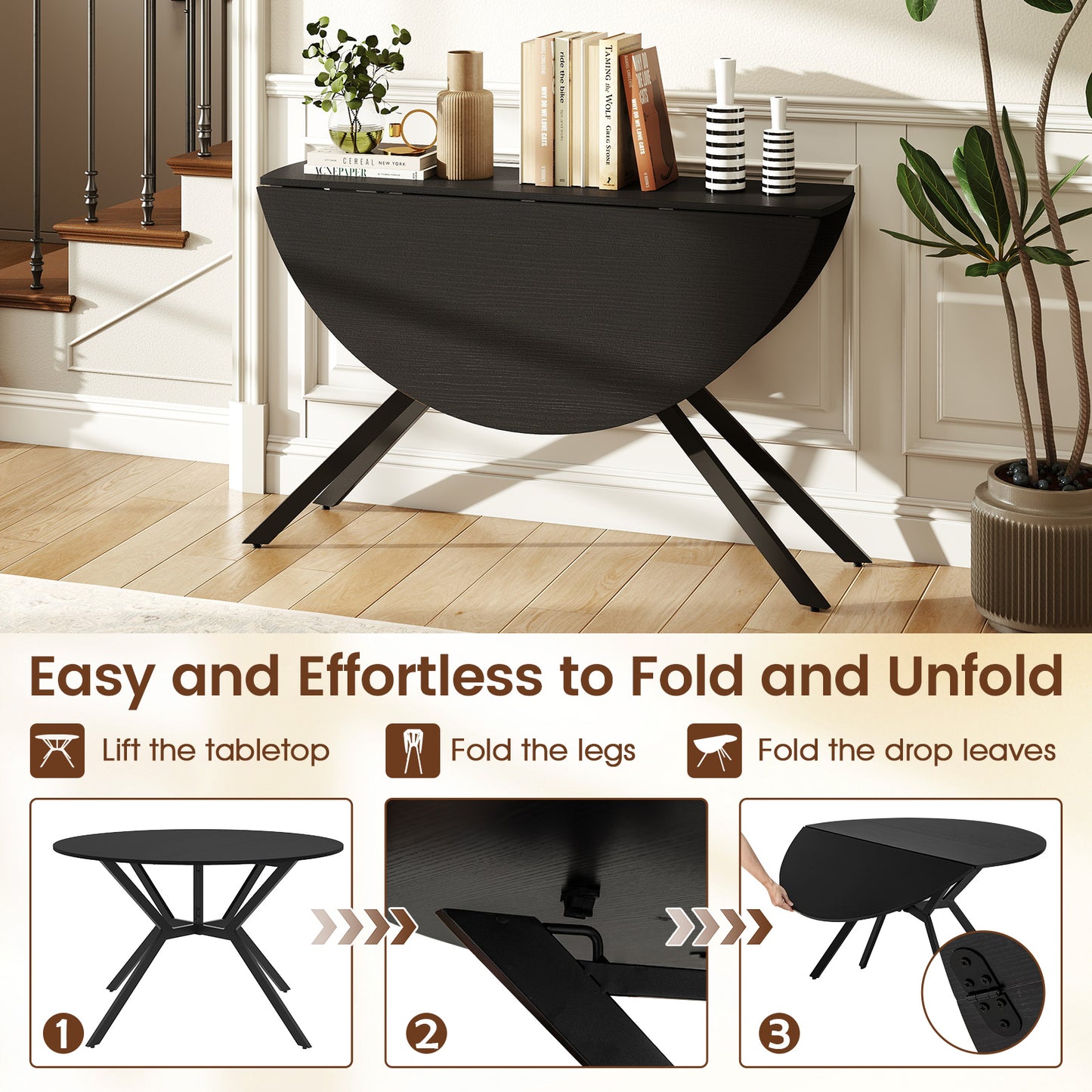 Folding Dining Table 47 Inch Extendable Round Kitchen Table with Drop Leaves, Black Dining Tables at Gallery Canada