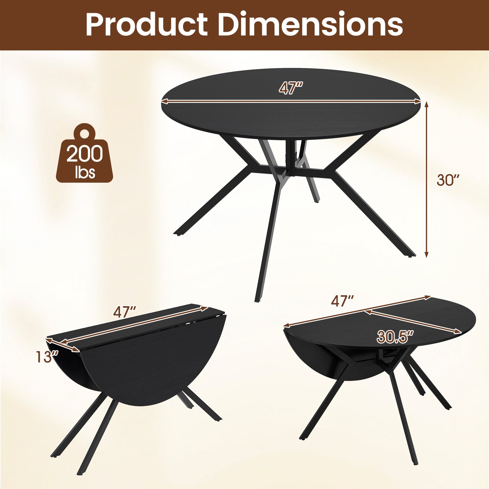 Folding Dining Table 47 Inch Extendable Round Kitchen Table with Drop Leaves, Black Dining Tables at Gallery Canada