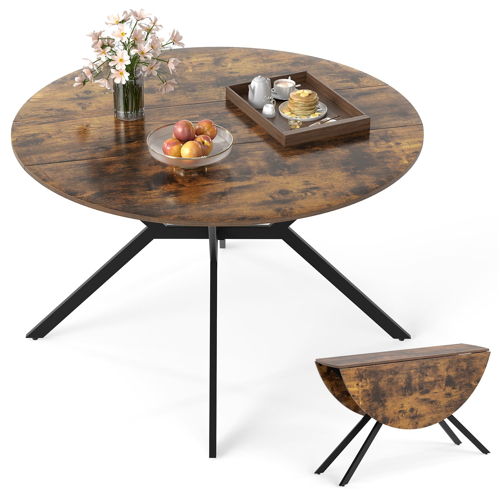Folding Dining Table 47 Inch Extendable Round Kitchen Table with Drop Leaves, Rustic Brown Dining Tables at Gallery Canada