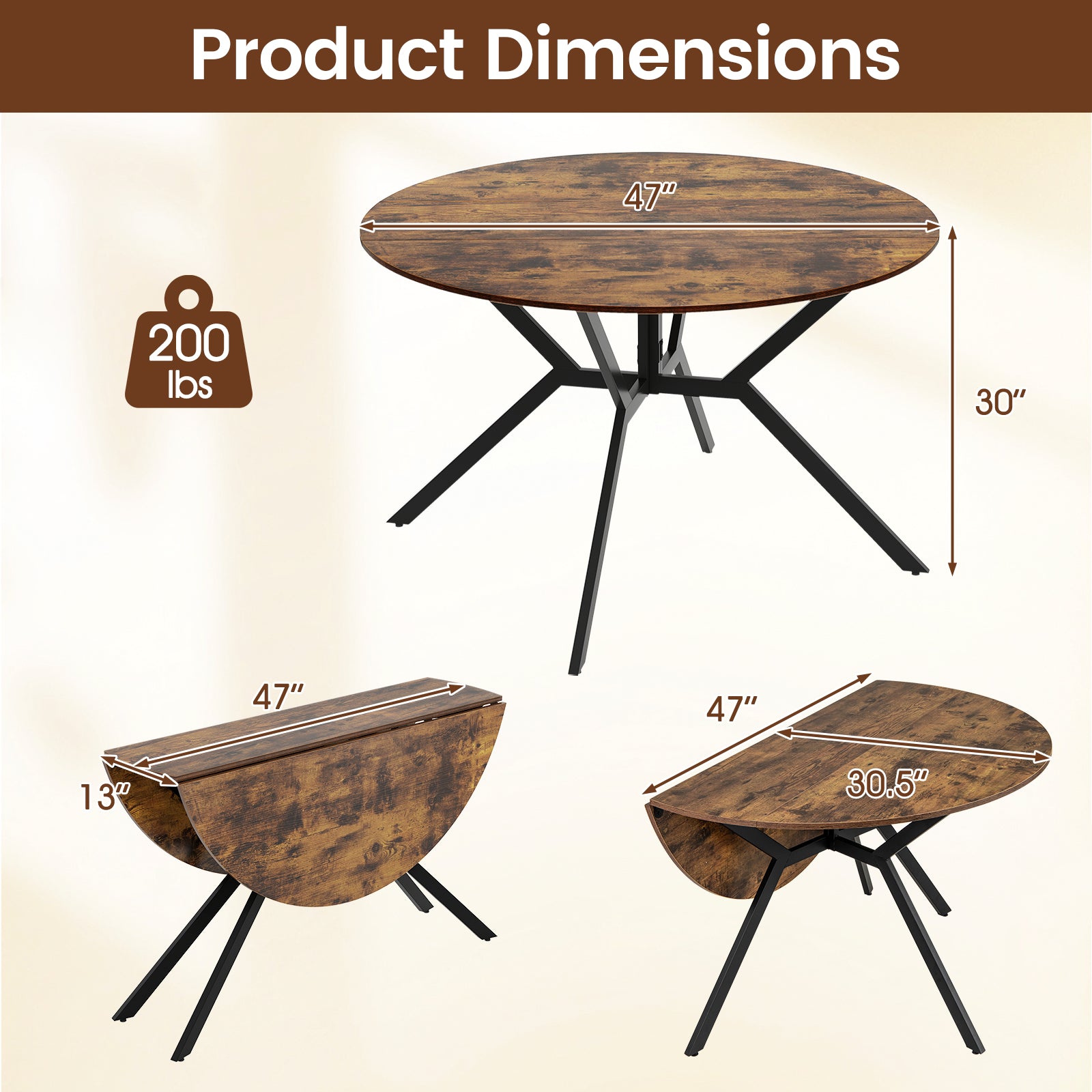 Folding Dining Table 47 Inch Extendable Round Kitchen Table with Drop Leaves, Rustic Brown Dining Tables at Gallery Canada