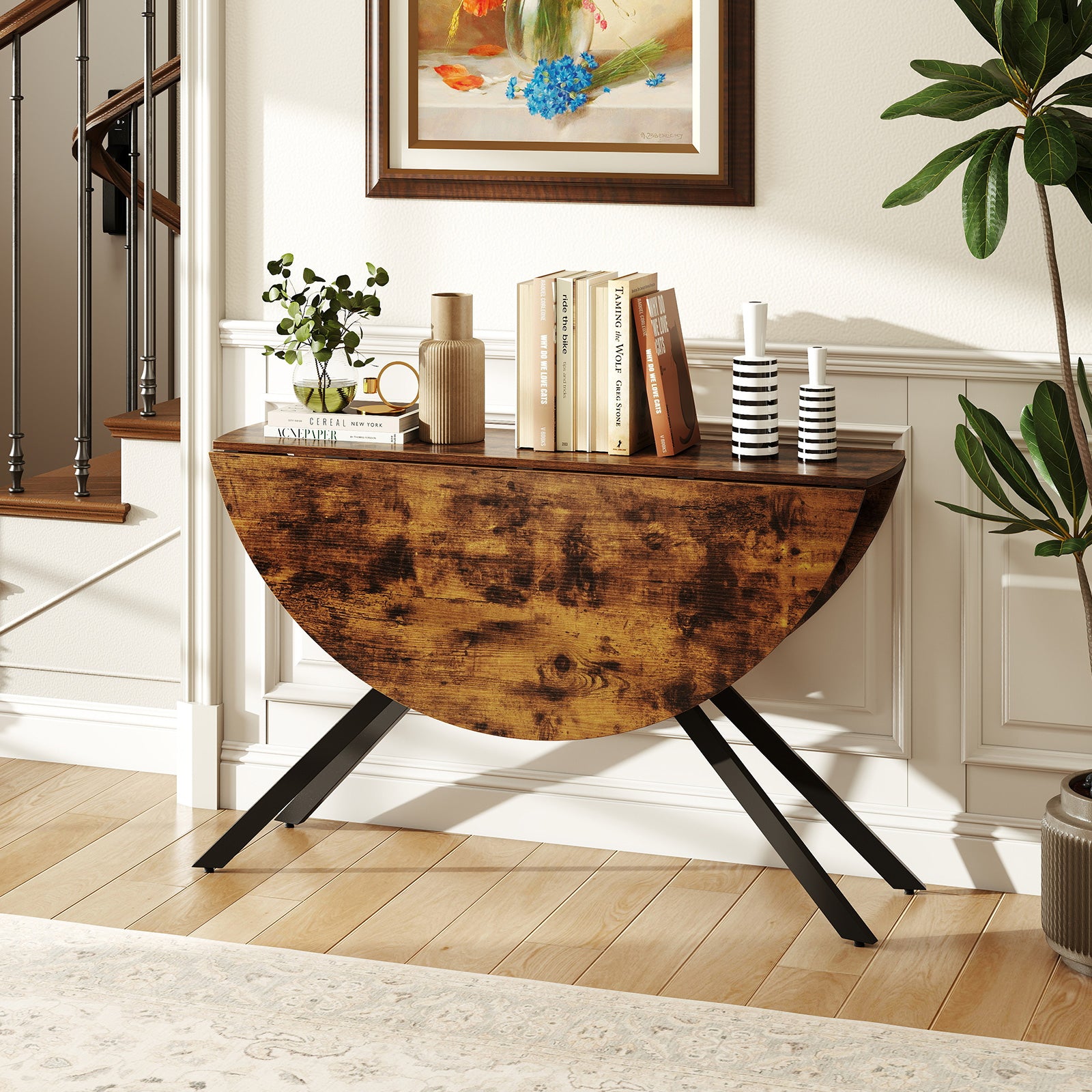 Folding Dining Table 47 Inch Extendable Round Kitchen Table with Drop Leaves, Rustic Brown Dining Tables at Gallery Canada