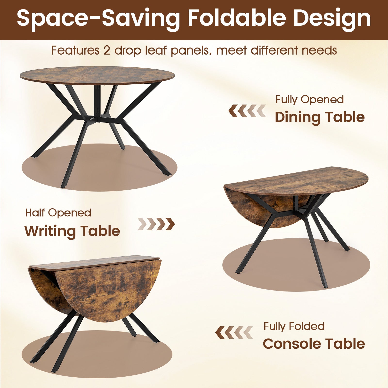 Folding Dining Table 47 Inch Extendable Round Kitchen Table with Drop Leaves, Rustic Brown Dining Tables at Gallery Canada