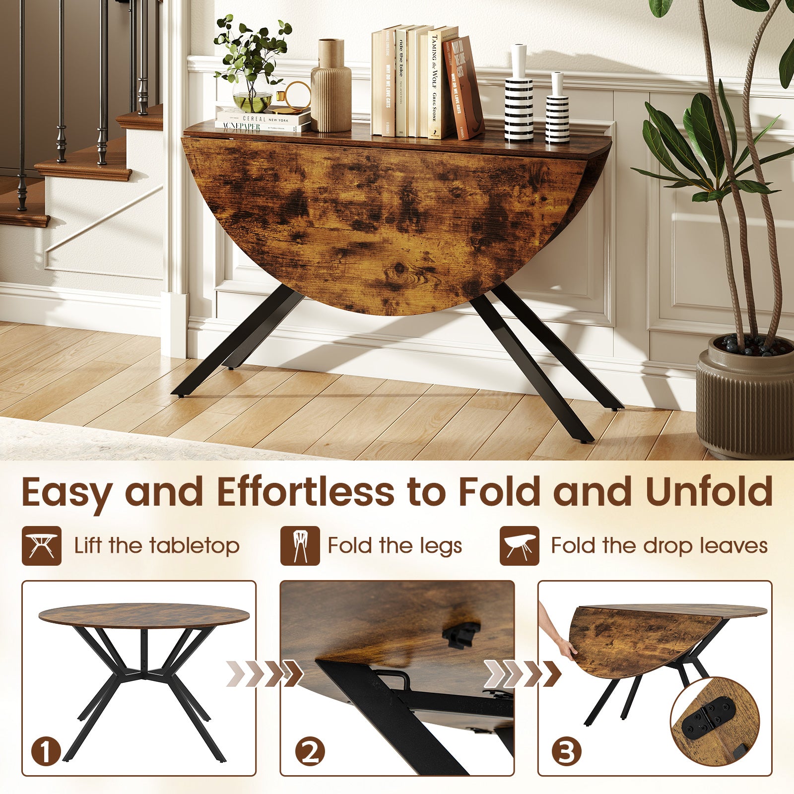 Folding Dining Table 47 Inch Extendable Round Kitchen Table with Drop Leaves, Rustic Brown Dining Tables at Gallery Canada