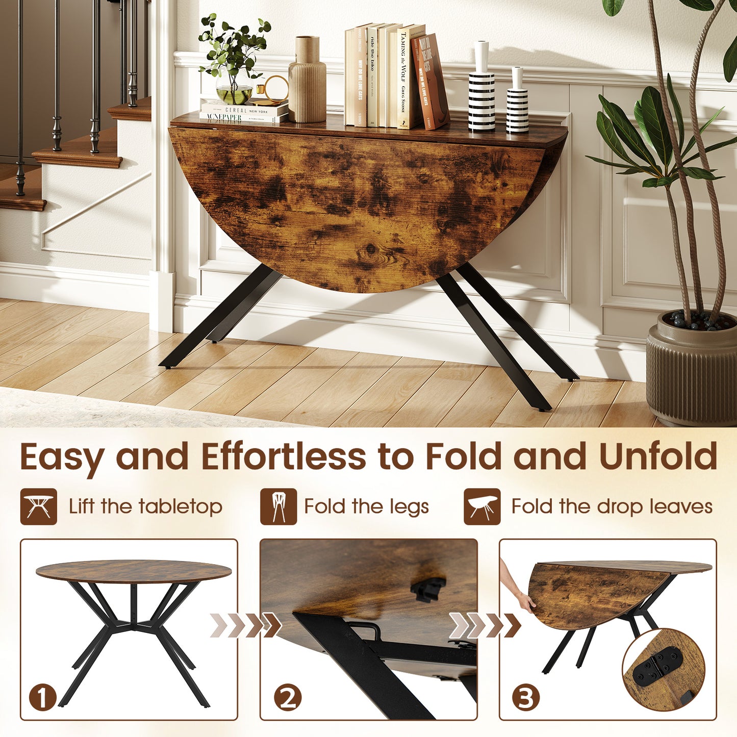 Folding Dining Table 47 Inch Extendable Round Kitchen Table with Drop Leaves, Rustic Brown Dining Tables at Gallery Canada