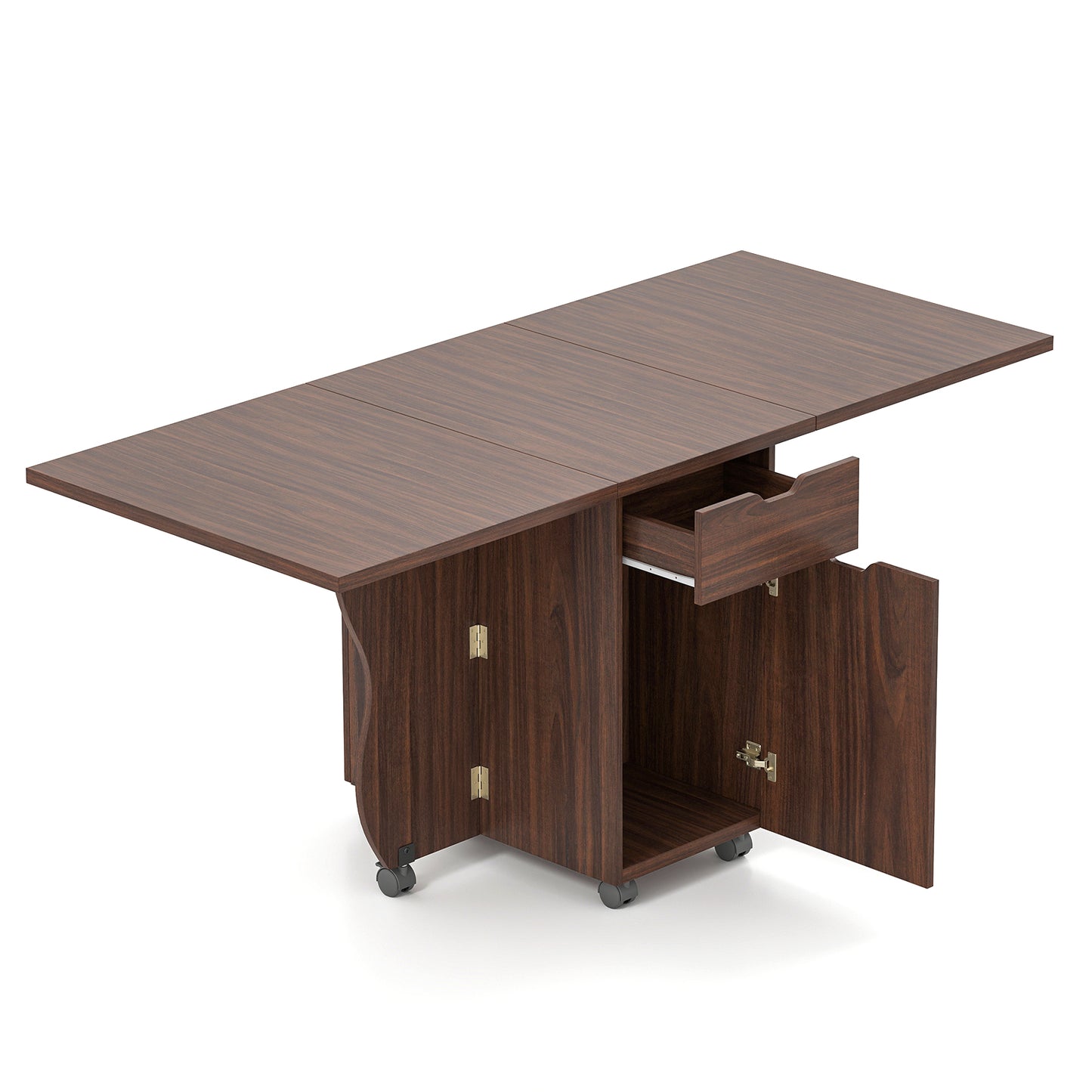 Folding Dining Table 3-in-1 Space-Saving Drop Leaf Kitchen Table with Lockable Wheels, Walnut