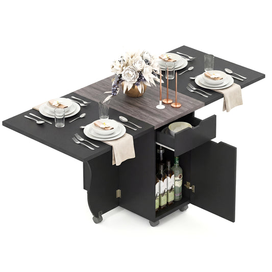 Folding Dining Table 3-in-1 Space-Saving Drop Leaf Kitchen Table with Lockable Wheels, Black Dining Tables Black at Gallery Canada