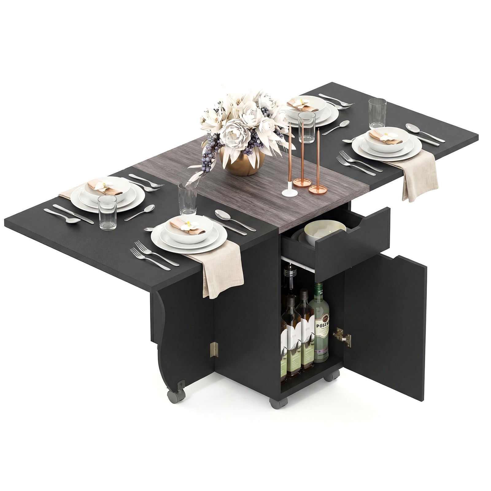Folding Dining Table 3-in-1 Space-Saving Drop Leaf Kitchen Table with Lockable Wheels, Black Dining Tables at Gallery Canada