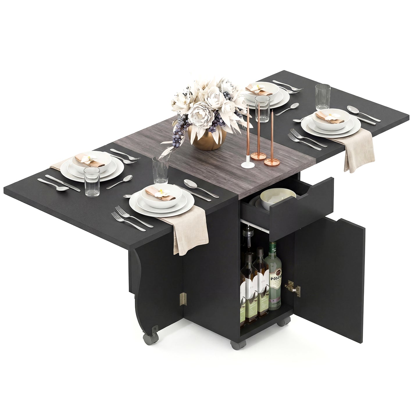 Folding Dining Table 3-in-1 Space-Saving Drop Leaf Kitchen Table with Lockable Wheels, Black Dining Tables at Gallery Canada