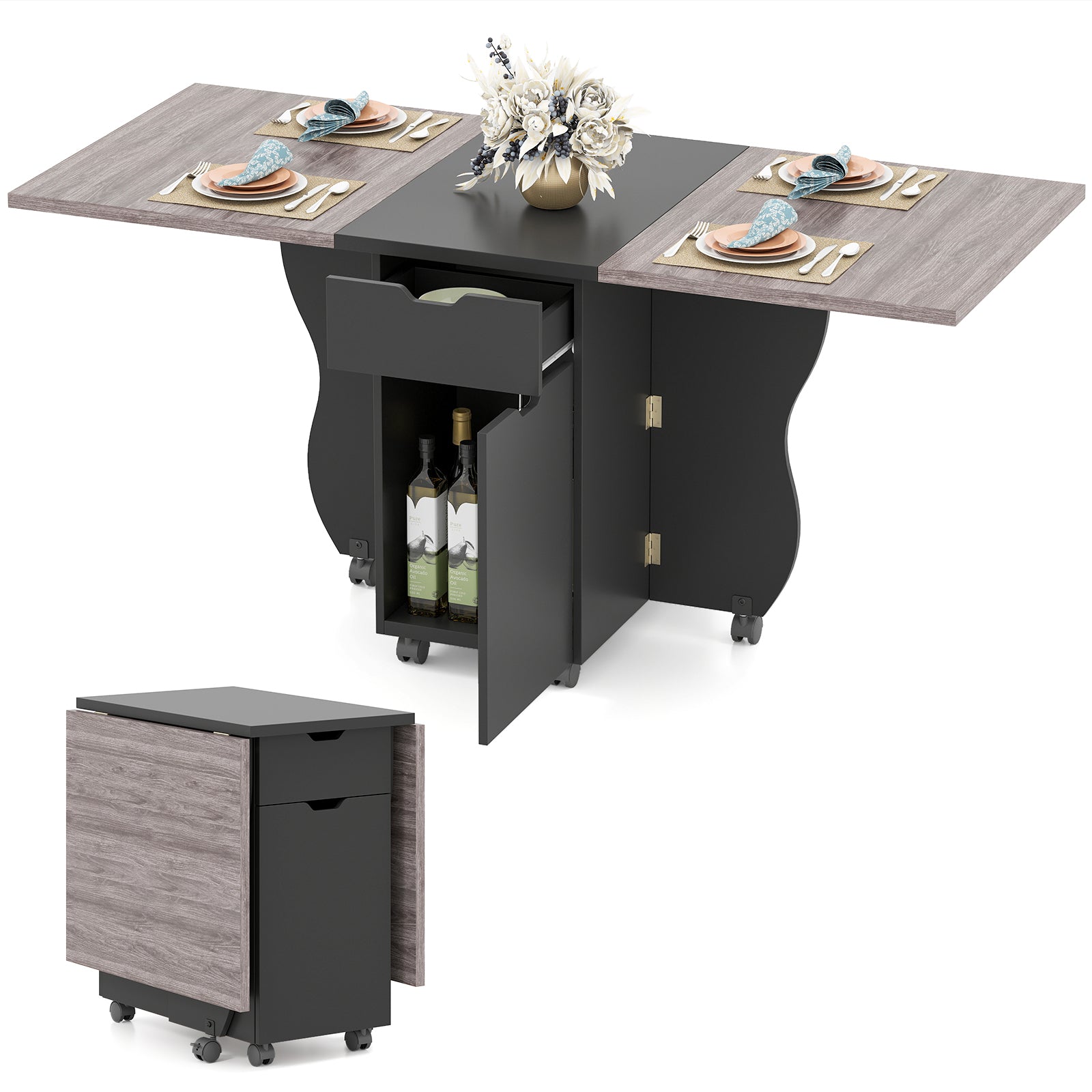 Folding Dining Table 3-in-1 Space-Saving Drop Leaf Kitchen Table with Lockable Wheels, Black Dining Tables at Gallery Canada