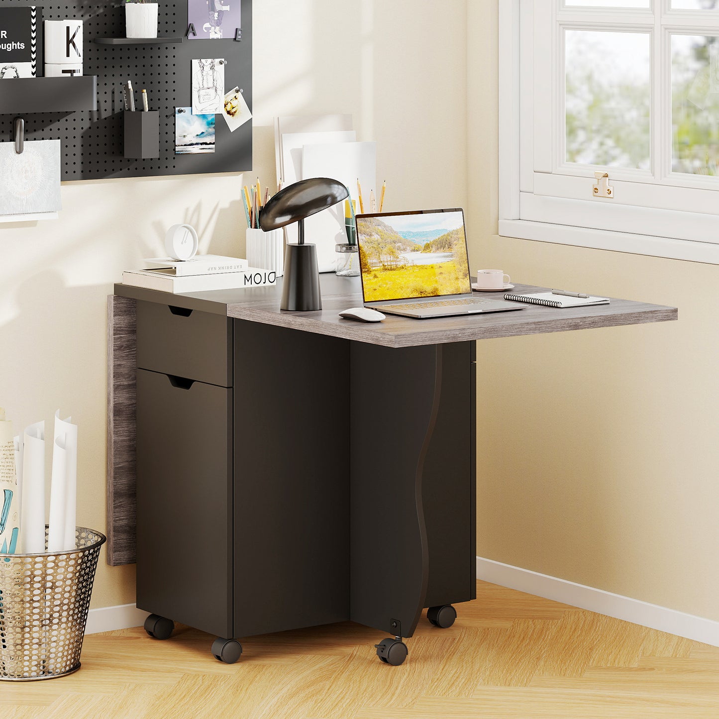 Folding Dining Table 3-in-1 Space-Saving Drop Leaf Kitchen Table with Lockable Wheels, Black Dining Tables at Gallery Canada