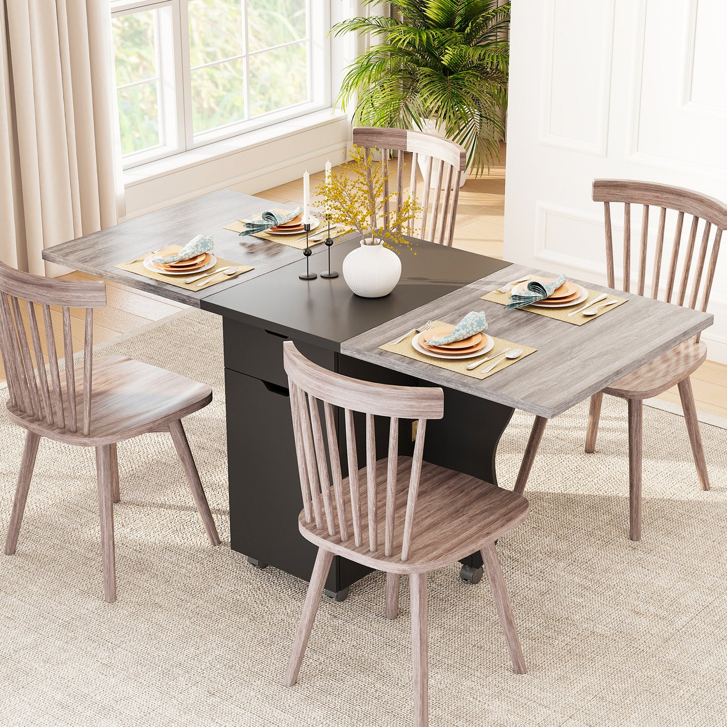 Folding Dining Table 3-in-1 Space-Saving Drop Leaf Kitchen Table with Lockable Wheels, Black Dining Tables at Gallery Canada