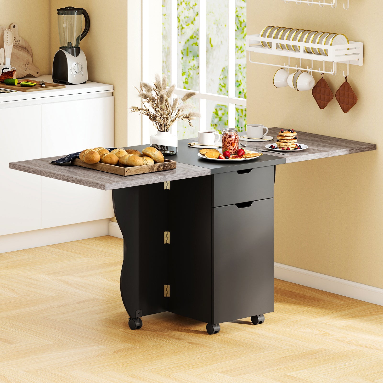Folding Dining Table 3-in-1 Space-Saving Drop Leaf Kitchen Table with Lockable Wheels, Black Dining Tables at Gallery Canada